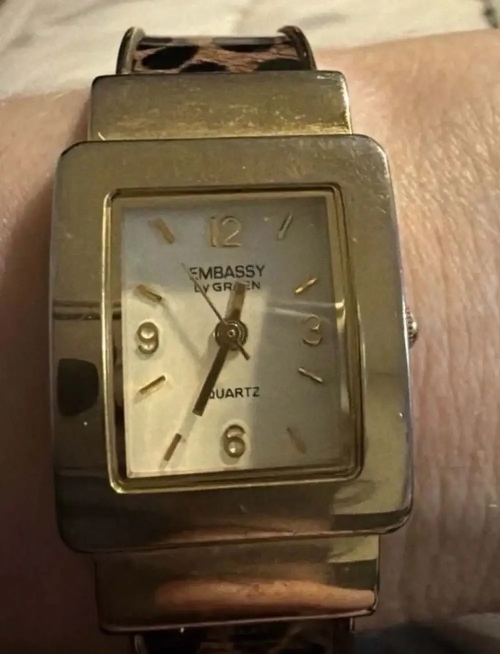 Embassy by Gruen Women’s Gold Tone Rectangle Cuff Watch Leopard Print Quartz
